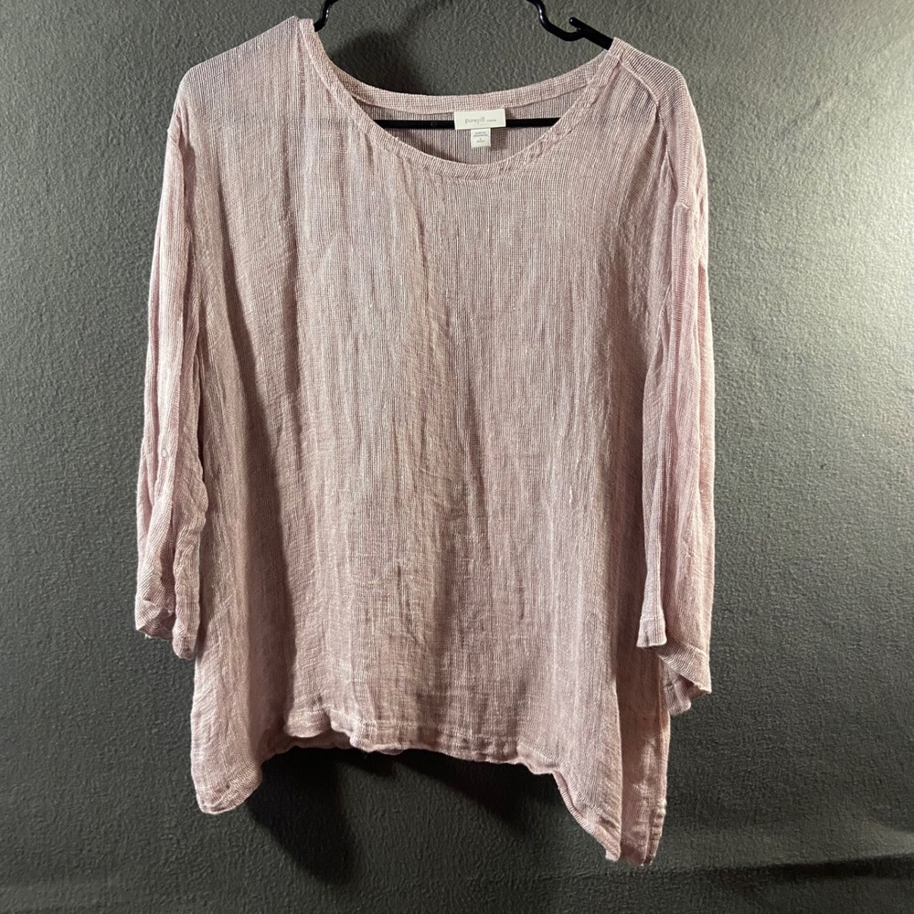 Pure Jill Linen Top large Pink open knit Gauze Asymmetric 3/4 Sleeve oversized